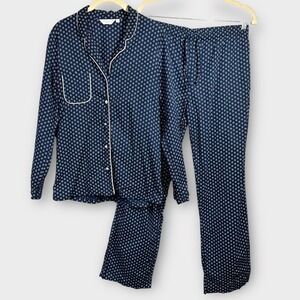 Derek Rose Pajama PJ Set Women's Small Navy Cotton Long Sleeve Top Pants Lounge